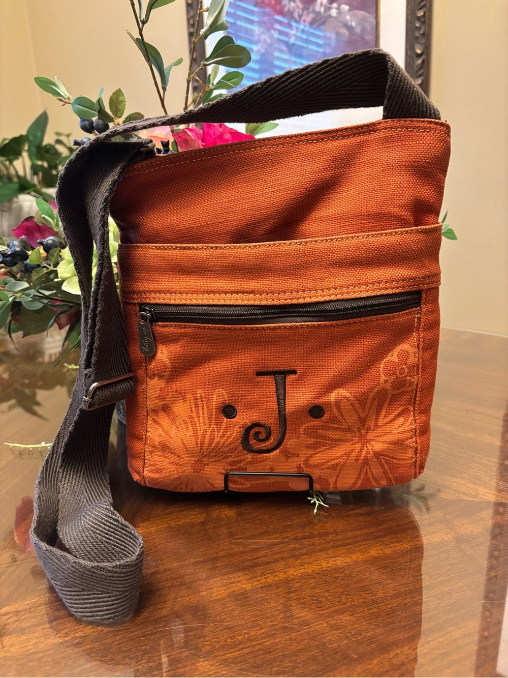 thirty-one Orange Floral Canvas Crossbody Bag with J Accent